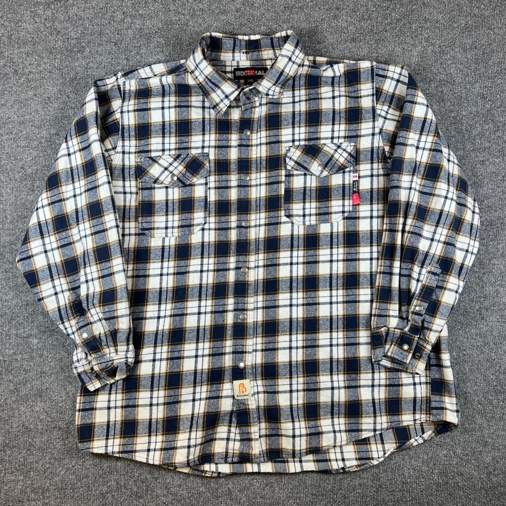 Bocomal FR Shirt Mens 2XL Blue Plaid Flame Resistant CAT2 Workwear Snap Button